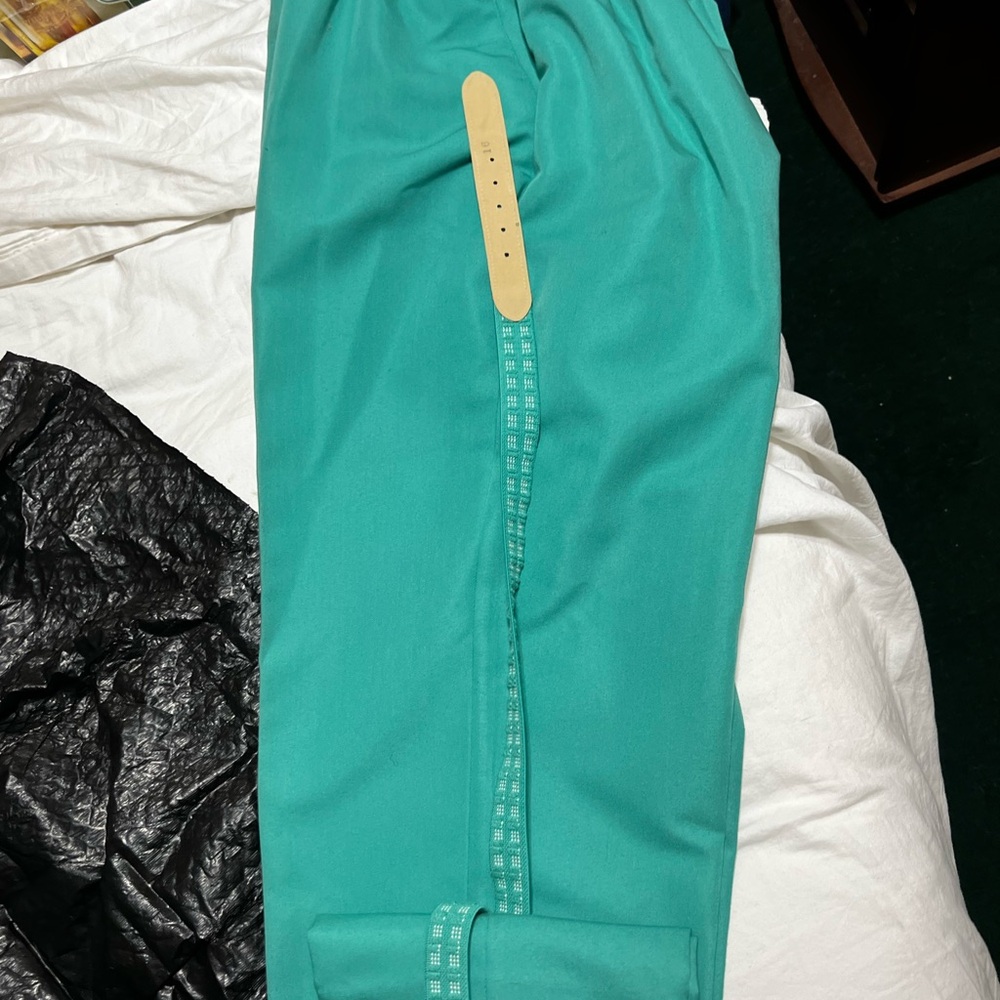Teal Pants with Beige Belt Accent